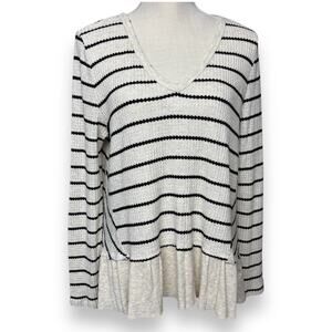 Anthropologie Eri + Ali Top Thermal Cream & Navy Longsleeve Ruffled Peplum Sz XL